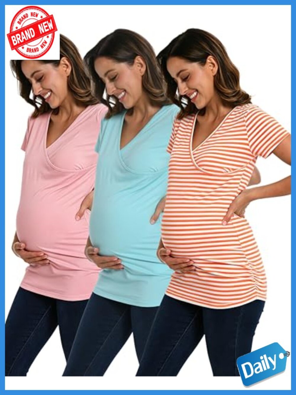 Maternity Short Sleeve V-Neck Tee 3-Pack Nursing Top with Side Ruched, Cotton